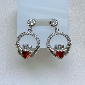 Elegant Silver and Red Heart Earrings